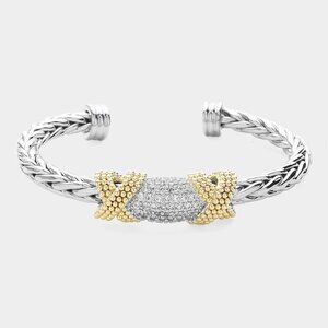 Two Tone CZ Pave Double Criss Cross Cuff Bracelet